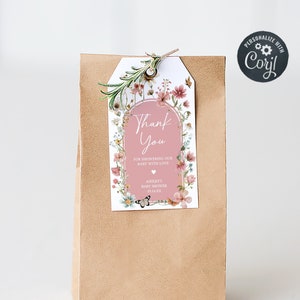 Etiquetas editables de favor de baby shower de bebé en flor, etiqueta de regalo de baby shower de flores silvestres, etiquetas de agradecimiento de ducha de flores de primavera boho rosa silenciadas, 0650