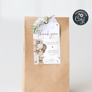 Editable Bear Balloon Baby Shower Favor Tags, We Can Bearly Wait Baby Shower Gift Tag, Gender Neutral Brown Bear Shower Thank You Tags, 0605