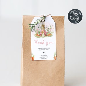 Editable Pink Peter Rabbit Baby Shower Favor Tags, Peter Rabbit Girl Baby Shower Gifts Tag, A Little Bunny Spring Shower Thank You Tag, 0626