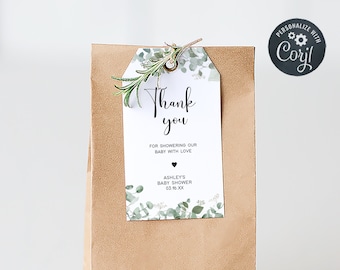 Etiquetas editables de favor de baby shower de eucalipto verde, etiqueta de regalos de baby shower de Oh Baby Greenery, etiquetas de agradecimiento de baby shower de género neutro, 0657