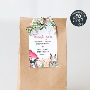 Editable Girl Farm Baby Shower Favor Tag, Floral Farm Animals Baby Shower Gift Tags, Pink Barnyard Thank you Tag,  Printable Template 0208