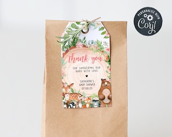 Etiquetas editables de favor de baby shower de bosque de niña, etiqueta de regalo de baby shower de animales del bosque floral, etiqueta de agradecimiento de animales de bosque floral rústico 0403