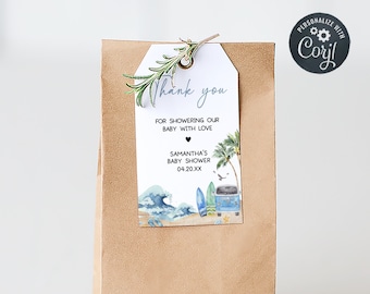 May include: A brown paper bag with a thank you tag attached. The tag has a watercolor illustration of a beach scene with surfboards and a van. The text on the tag reads "Thank you for showering our baby with love Samantha's Baby Shower 04.20.XX".