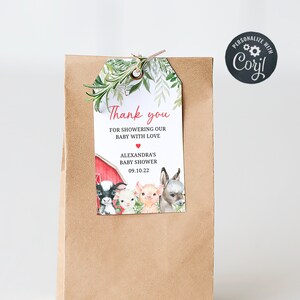 Editable Farm Baby Shower Favor Tag, Farm Animals Baby Shower Gift Tags, Red Barnyard Thank you Tag, Gender Neutral Printable Template 0209