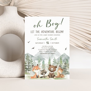 Invito modificabile che l’avventura abbia inizio per la festa del bambino nel bosco, invito per la festa del bambino all’avventura del ragazzo, invito per la festa del bambino nella montagna della foresta, 0496