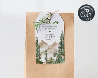 Editable Let the Adventure Begin Baby Shower Favor Tag Woodland Baby Shower Gift Tags Forest Tree Mountain Tags Gender Neutral Template 0193