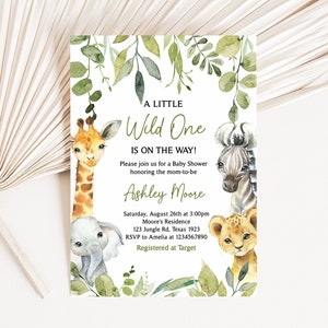 Editable A Little Wild One Baby Shower Invitation, Safari Animals Baby Shower Invite, Greenery Jungle Safari Baby Shower Invitation, 0500