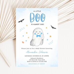 Editable Blue A Little Boo Baby Shower Invitation, Boy Ghost Halloween Baby Shower Invite, Boy Halloween Baby Shower Invite Template, 0490