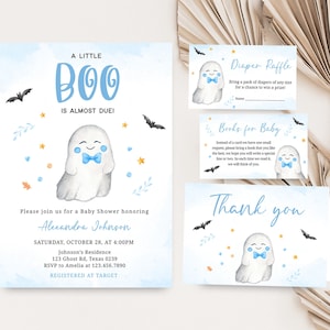 Editable Blue A Little Boo Baby Shower Invitation Bundle, Boy Ghost Halloween Baby Shower Invite Set, Boy Halloween Baby Shower Invite, 0490