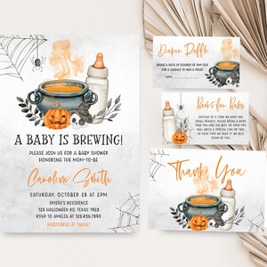 編集可能な「A Baby is Brewing」ハロウィンベビーシャワー招待状セット、性別を問わないハロウィンベビーシャワー招待状セット、魔女ベビーシャワー、0489