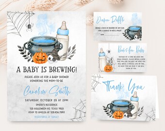 May include: Baby shower invitation set with a Halloween theme. The invitation features a cauldron, pumpkin, baby bottle, and spiderwebs. The text reads "A Baby is Brewing!" and includes details for the event. Additional cards include "Diaper Raffle," "Books for Baby," and "Thank You."