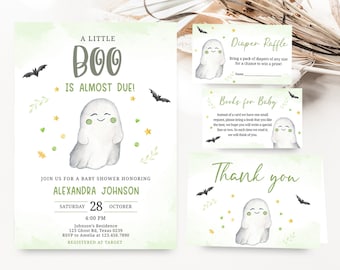 編集可能なグリーンの「A Little Boo」ベビーシャワー招待状セット、ゴーストハロウィンベビーシャワー招待状セット、性別を問わないハロウィン招待状、0491