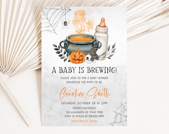 Editable Un bebé está preparando invitación de baby shower de Halloween, invitación de baby shower de Halloween de género neutro, invitación de baby shower de bruja, 0489