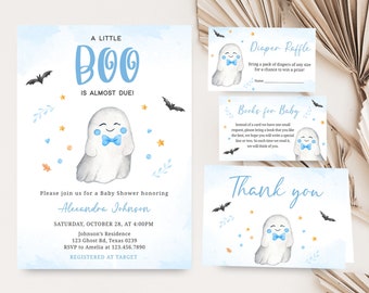 Editable Blue A Little Boo Baby Shower Invitation Bundle, Boy Ghost Halloween Baby Shower Invite Set, Boy Halloween Baby Shower Invite, 0490