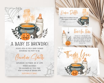 Editable Un bebé está preparando paquete de invitación de baby shower de Halloween, conjunto de invitación de baby shower de Halloween de género neutro, baby shower de bruja, 0489