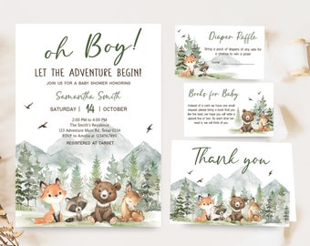 Lot d'invitations modifiable « Laissons l'aventure commencer dans les bois », ensemble d'invitations baby shower aventure garçon, baby shower forêt, 0496