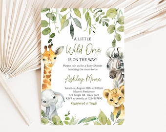 Editable A Little Wild One Baby Shower Invitation, Safari Animals Baby Shower Invite, Greenery Jungle Safari Baby Shower Invitation, 0500