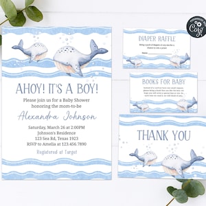 Editable Whale Baby Shower Invitation Set Under the Sea Baby Shower Invitation Package Nautical Baby Shower Invite Printable Invitation 0181