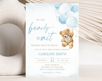 Invitación editable para fiesta de bienvenida al bebé con globo de oso niño, Invitación para fiesta de bienvenida al bebé podemos esperar, Plantilla de invitación para fiesta de bienvenida al bebé con oso de peluche azul 0421