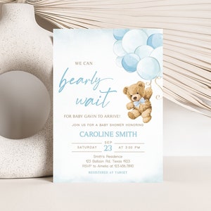 Editable Boy Bear Balloon Baby Shower Invitation, We Can Bearly Wait Baby Shower Invite, Blue Teddy Bear Baby Shower Invite Template 0421