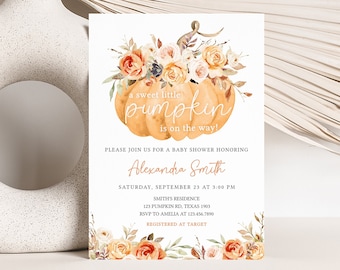 Editable Little Pumpkin Baby Shower Invitation, Fall Baby Shower Invite, Gender Neutral Fall Floral Baby Shower Invitation Template 0439