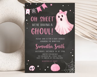 Redigerbar "Det är ett spöke"-inbjudan till Halloween-babyshowern, inbjudan till babyshowern med flicka och spöke, mall för rosa spöke och läskigt spöke 0362