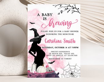 編集可能な「A Baby is Brewing Girl」ハロウィンベビーシャワー招待状、ピンクウィッチベビーシャワー招待状、ハロウィンベビーシャワー招待状テンプレート 0452