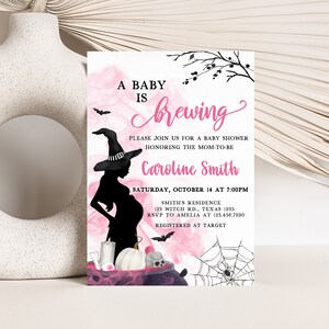 May include: A baby shower invitation with a Halloween theme. The invitation features a silhouette of a pregnant woman wearing a witch hat, with pink and black accents. Text includes "A Baby is Brewing" and event details.