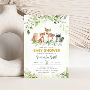 Editable Woodland Baby Shower Invitation, Greenery Woodland Animals Baby Shower Invite, Gender Neutral Woodland Theme Invite Template 0320