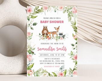 Editable Floral Woodland Baby Shower Invitation, Woodland Animals Baby Shower Invite, Girl Woodland Forest Animals Invitation Template 0398