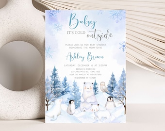 Peut inclure: Une invitation à une baby shower sur le thème de l'hiver. L'invitation présente le texte "Baby It's Cold Outside" en écriture bleue, ainsi que les détails de l'événement. La conception comprend des illustrations d'ours polaires, de pingouins et d'arbres enneigés.