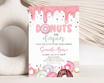 Editable Baby Sprinkle Baby Shower Invitation, Donuts And Diapers Baby Shower Invite, Pink Donuts Girl Baby Shower Invitation Template, 0750