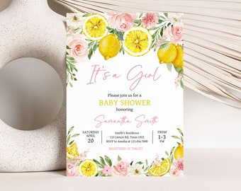 Editable Pink Floral Lemon Baby Shower Invitation, Girl Lemonade Baby Shower Invite, Summer Citrus Baby Shower Invitation Template, 0718