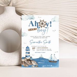 Editable Ahoy It&#39;s A Boy Baby Shower Invitation, Nautical Baby Shower Invite, Blue Boat Nautical, Boy Baby Shower Invitation Template, 0778