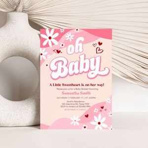 Editable Retro Groovy Valentine Sweetheart Baby Shower Invitation, Valentine Baby Shower Invite, Red Heart Baby Shower Invite Template 0590 image 1