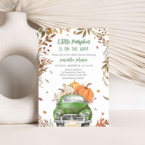 Editable Fall Pumpkin Truck Baby Shower Invitation, Gender Neutral Autumn Baby Shower Invite, Green Pickup Truck Baby Shower Invitation 0895