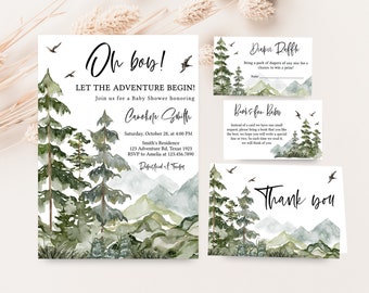 Pacote de convites para chá de bebê editável Deixe a aventura começar, conjunto de convites para chá de bebê Boy Woodland, chá de bebê aventura na floresta, 0494