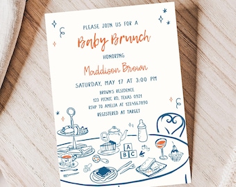 Editable Baby Brunch Baby Shower Invitation, Hand Drawn Whimsical Baby Shower Invitation, Handwritten Brunch Boy Baby Shower Invite, 01057