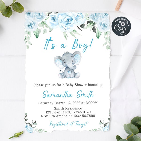 Editable Boy Elephant Baby Shower Invitation, Blue Floral Baby Shower Invitation, Blue Elephant Baby Shower Theme Printable Template 0173