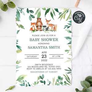 Editable Woodland Baby Shower Invitation, Greenery Woodland Animals Invitation, Wild Forest Animals Printable Invite, Template 0168