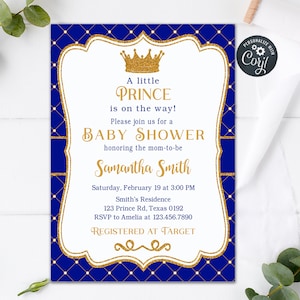 Invitación de fiesta de bebé real editable Invitación de fiesta de bebé del Principito Invitación de Príncipe real Plantilla de bebé con corona azul marino y dorada 28