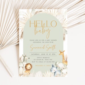 Bearbeitbare Boho Safari-Babyparty-Einladung, Safari-Dschungel-Babyparty-Einladung, Hallo Baby Boho-Dschungeltiere Einladung Vorlage 0393