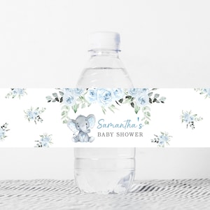 Etiquette modifiable pour biberon éléphant garçon, étiquettes de bouteille d&#39;eau éléphant bleu, modèle imprimable d&#39;étiquettes d&#39;eau florale bleue 0173