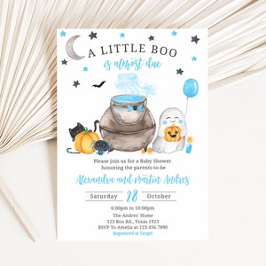 Editable A Little Boo Baby Shower Invitation, Blue Halloween Baby Shower Invite, Boy Halloween Ghost Baby Shower Invitation Template 0461