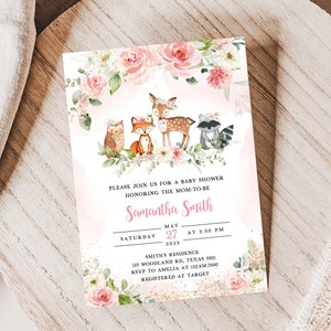 Editable Girl Woodland Baby Shower Invitation, Pink Floral Woodland Baby Shower Invite, Girl Woodland Animals Invitation Template 0319