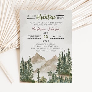 Editable Let the Adventure Begin Baby Shower Invitation Woodland Baby Shower Invite Forest Pine Trees Mountain Gender Neutral Template 0193
