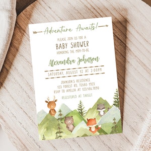 Editable Adventure Awaits Baby Shower Invitation, Woodland Baby Shower Invite, Boy Forest Mountain Woodland Animals Invitation Template 0399