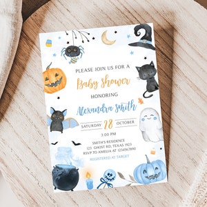 Editable Blue Halloween Baby Shower Invitation, Boy Ghost Halloween Baby Shower Invite, Halloween Pumpkin Baby Shower Invite Template 0456