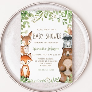 Editable Woodland Baby Shower Invitation, Greenery Woodland Animals Baby Shower Invite, Forest Animals Invitation Gender Neutral Invite 0400