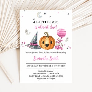 Editable Halloween Baby Shower Invitation, Pink A Little Boo Baby Shower Invite, Girl Halloween Pumpkin Invitation Printable Template 0353